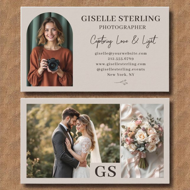 Carte De Visite Taupe Neutre Élégant Script Photo Professionnel (Créateur téléchargé)