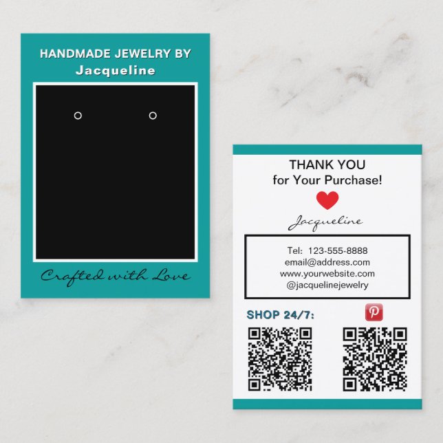 Carte De Visite Teal Black Earrings Edit Social Media QR Codes (Devant / Derrière)
