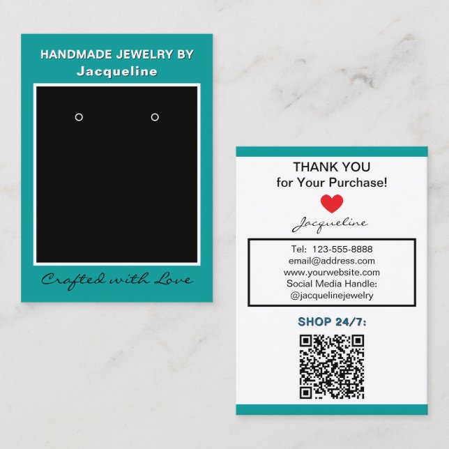 Carte De Visite Teal Blue Jewelry Earrings Website QR Code (Devant / Derrière)
