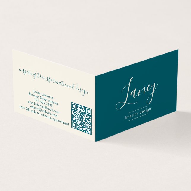 Carte De Visite Teal Modern Elegant Script QR Code Professional (Extérieur)