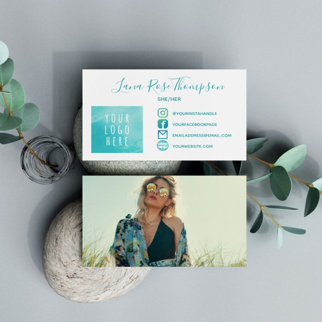 Carte De Visite Teal Social Media Icons Photo Logo Pronounes (Créateur téléchargé)