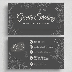 Carte De Visite Technicien à ongles Moody Charcoal Grey Floral Mod