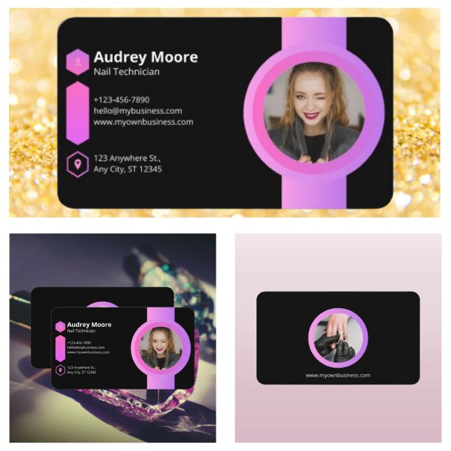 Carte De Visite Technicien à ongles rose et noir (Pink & Black Nail Technician Business Card)