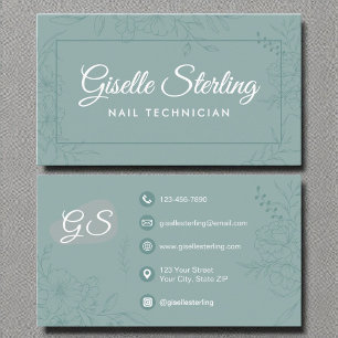 Carte De Visite Technicien à ongles Turquoise Floral Line Art Mode
