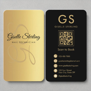 Carte De Visite Technicien de ongles Monogramme or noir QR Code