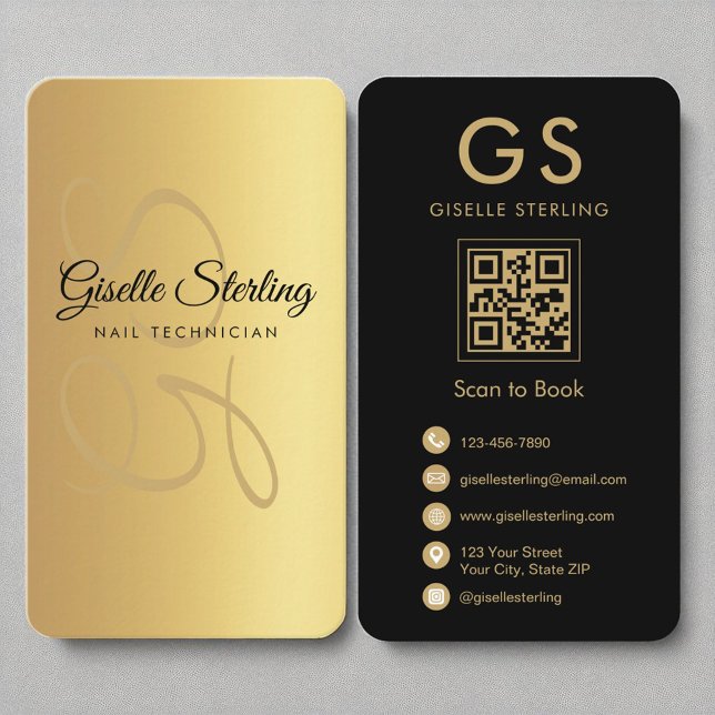 Carte De Visite Technicien de ongles Monogramme or noir QR Code (Créateur téléchargé)