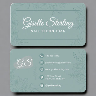Carte De Visite Technicien en Ongles Fleurie Vert Sarcelle