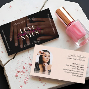 Carte De Visite Technicien Manucure Ongles Luxe Élégant Noir Rose
