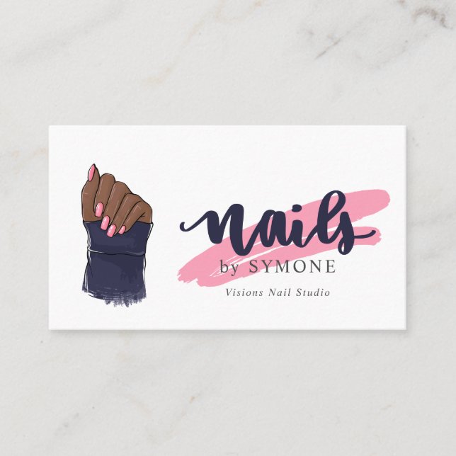 Carte De Visite Technicien Nail Beauté Salon rose et bleu marine (Devant)