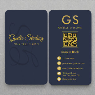 Carte De Visite Technicien ongle Monogramme Marine Blue Gold QR Co