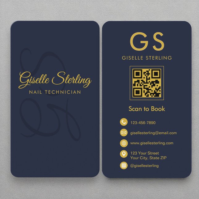 Carte De Visite Technicien ongle Monogramme Marine Blue Gold QR Co (Créateur téléchargé)
