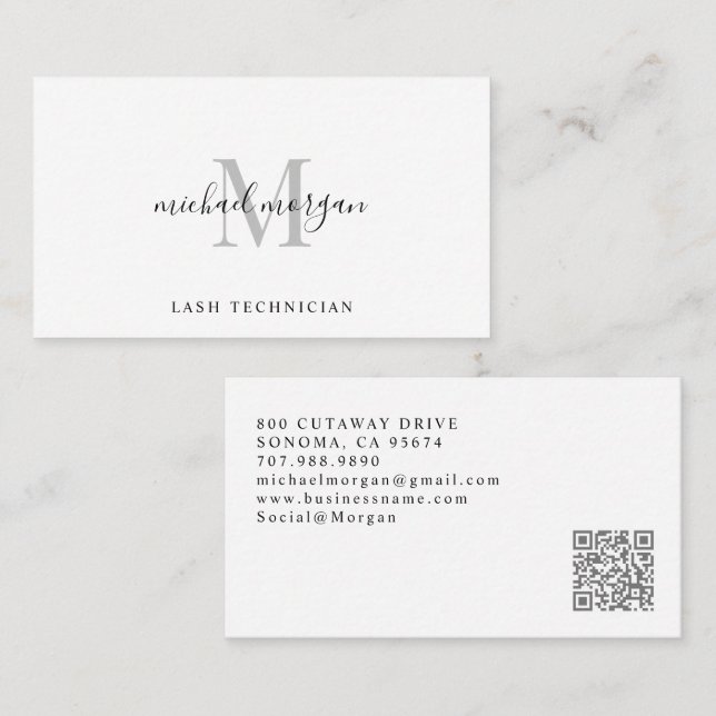 Carte De Visite Technicienne de Cils à Monogramme Script Minimal (Devant / Derrière)