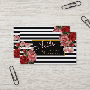 Carte De Visite Technologie blanche   noire florale rose de clou