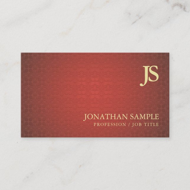 Carte De Visite Tendance Monogramme Rouge Or Damask Plaine Luxe (Devant)