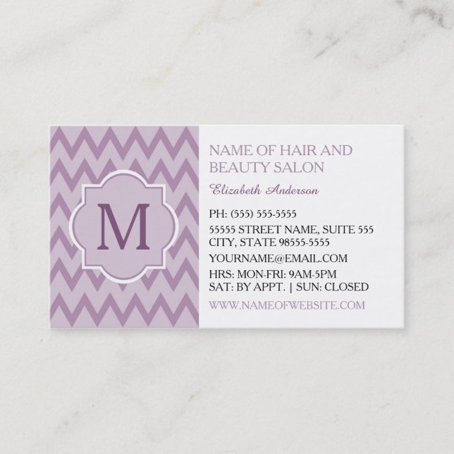 Carte De Visite Tendance violet Chevron Zigzag Monogramme Beautici (Devant)