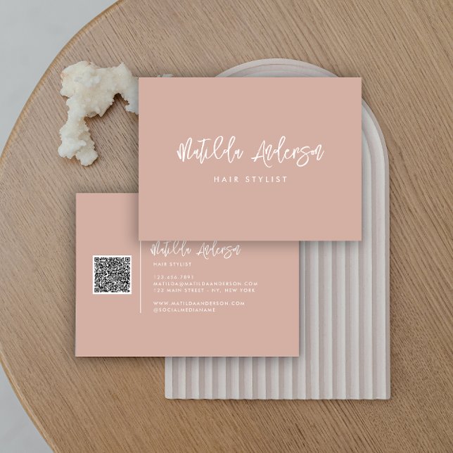 Carte De Visite Teracotta rose moderne script minimal QR CODE (Créateur téléchargé)
