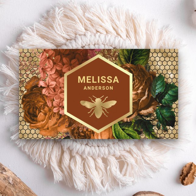 Carte De Visite Terracotta Floral Gold Foil Honeycomb Honey Bee (Créateur téléchargé)