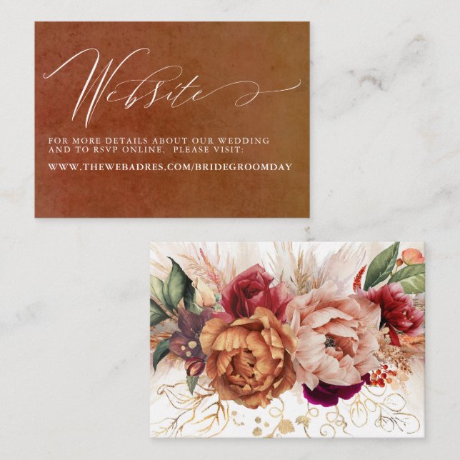 Carte De Visite Terracotta Floral Pampas Site Mariage en herbe (Devant / Derrière)