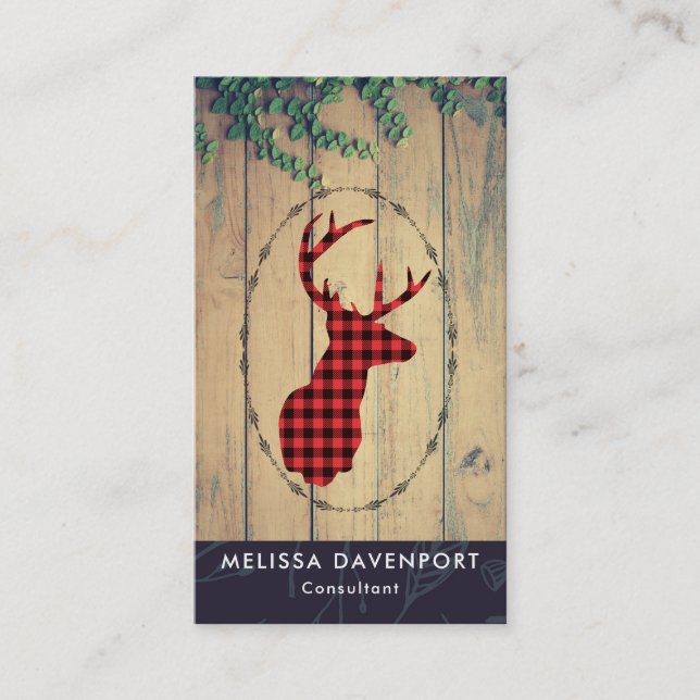 Carte De Visite Tête de cerf avec Antlers - Red Plaid Rustic (Devant)