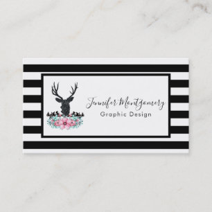 Carte De Visite Tête de cerf noir avec Fleurs et Montagnes roses