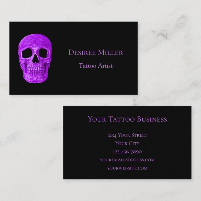Carte De Visite Tête de crâne gothique Neon violet noir Tatouage S (Devant / Derrière)