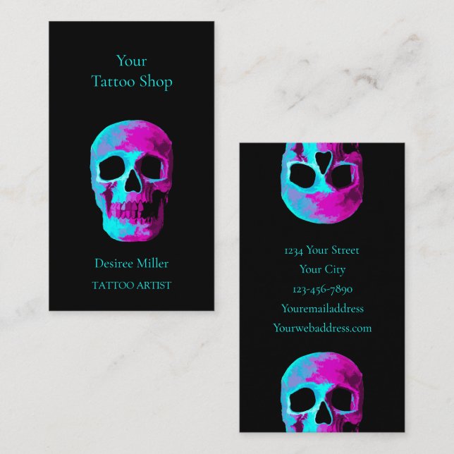 Carte De Visite Tête de crâne Neon gothique Violet Turquoise Noir  (Devant / Derrière)