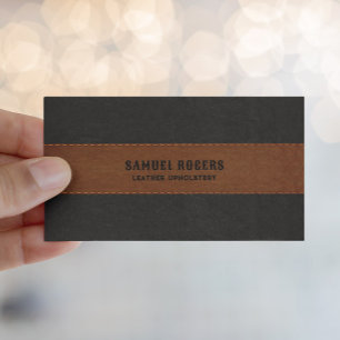 Carte De Visite Texte personnalisé Brown en cuir noir pointillé