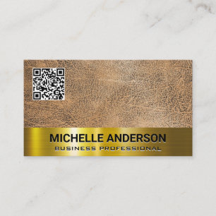 Carte De Visite Texture Brown   Gold Metallic Trim QR Code