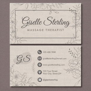 Carte De Visite Thérapeute de Massage Art Linéaire Floral Lin Beig