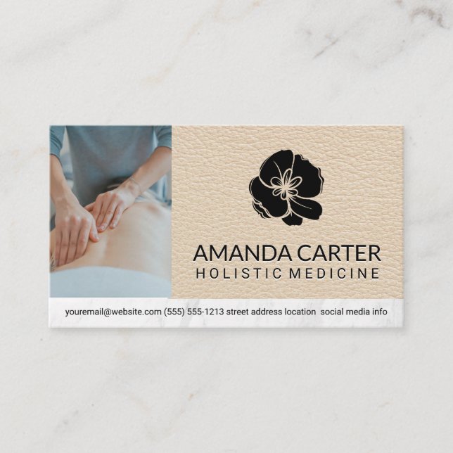 Carte De Visite Thérapeute de massage | Cuir | Icône Fleur (Devant)