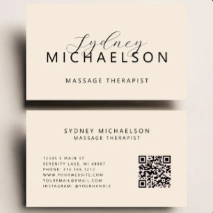 Carte De Visite Thérapeute de Massage Élégant Code QR Beige Neutre