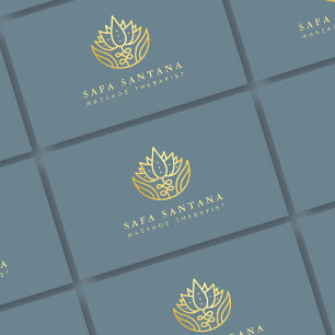 Carte De Visite Thérapeute de Massage Fleur de Lotus Dorée Bleu Po