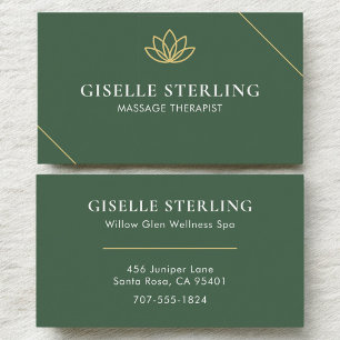 Carte De Visite Thérapeute de Massage Vert Minimaliste Lotus