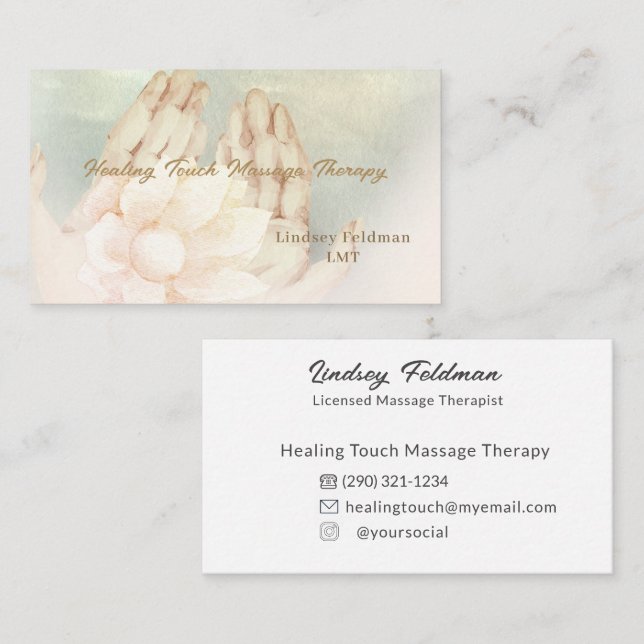 Carte De Visite Thérapeute moderne Deeper Aquarelle Mains Massage (Devant / Derrière)