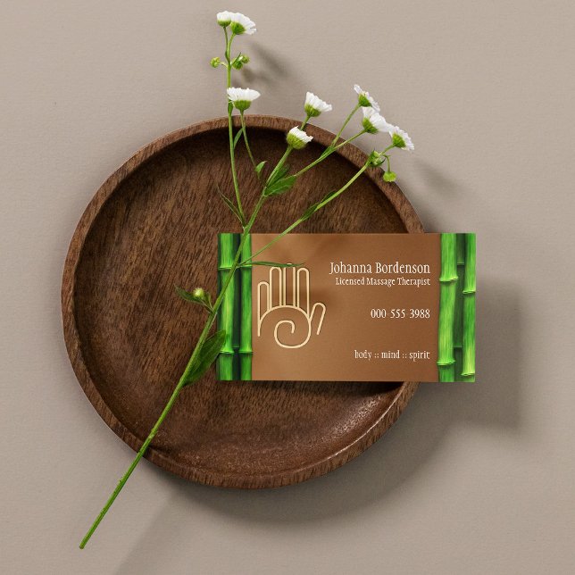 Carte De Visite Thérapie de massage au bambou frais Horizontal Aut (Fresh Bamboo Massage Therapy Horizontal Alternate Business Card)