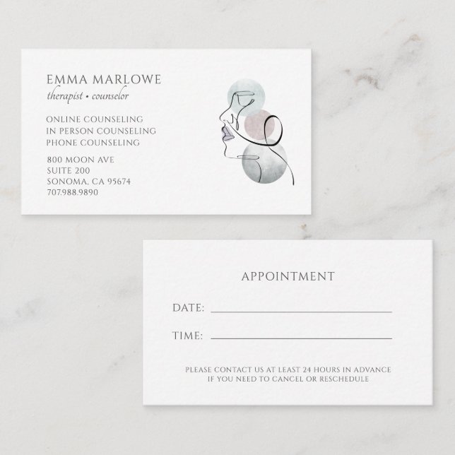Carte De Visite Therapist Counselor Business & Appointment Card (Devant / Derrière)