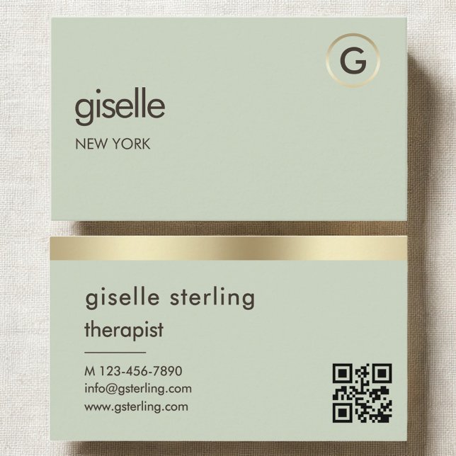 Carte De Visite Therapist Counselor Sage Green Gold QR Code  (Créateur téléchargé)