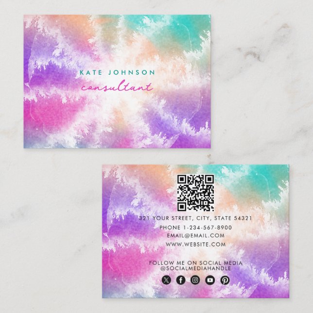 Carte De Visite Tie Dye Pastel Aquarelle rose orange Turquoise vio (Devant / Derrière)