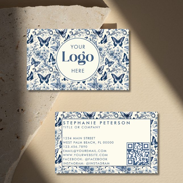 Carte De Visite Toile de Jouy bleu ivoire Code QR de logo personna (Créateur téléchargé)