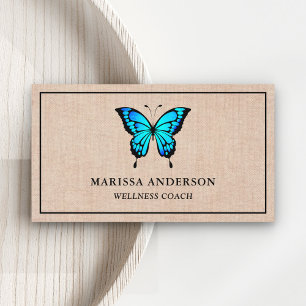 Carte De Visite Toile de jute rustique Papillon bleu élégant