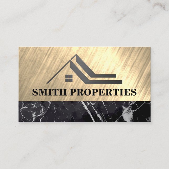 Carte De Visite Toit immobilier | Or métallique | Marbre noir (Devant)