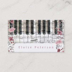Carte De Visite touches de pianiste et fleurs d'aquarelle rose