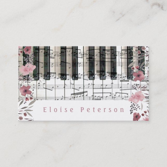 Carte De Visite touches de pianiste et fleurs d'aquarelle rose (Devant)