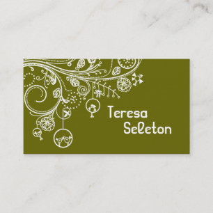 Carte De Visite Tourbillons floraux modernes & oiseaux vert olive