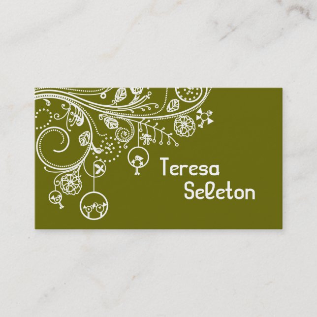 Carte De Visite Tourbillons floraux modernes & oiseaux vert olive (Devant)