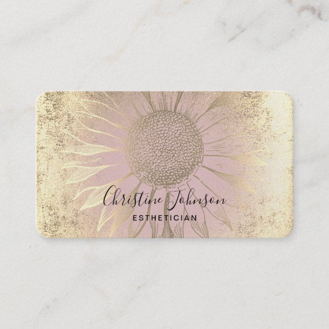 Carte De Visite tournesol fausse feuille d'or sur rose (Devant)