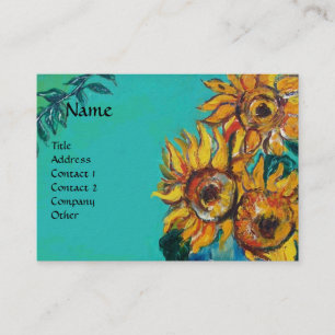CARTE DE VISITE TOURNESOLS AVEC LE CAT EN TURQUOISE BLEUE