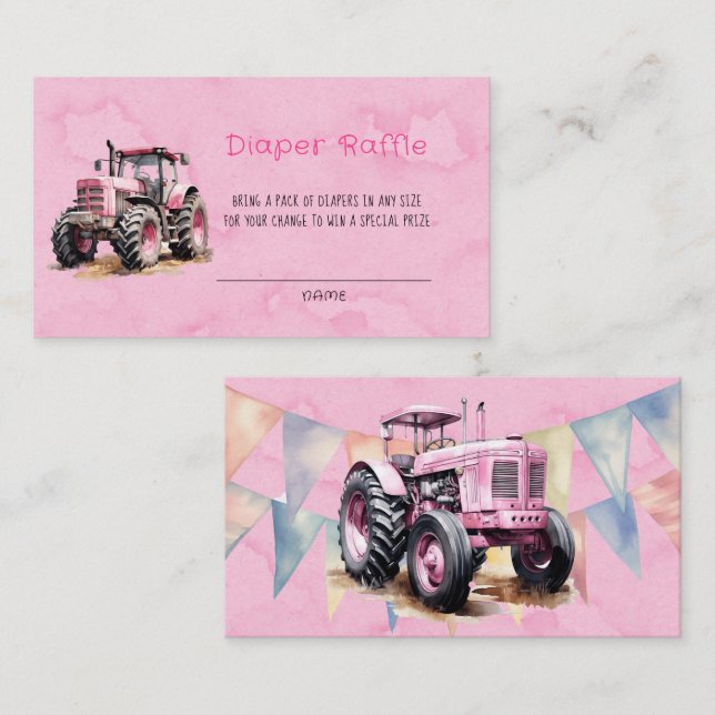 Carte De Visite Tracteur d'aquarelle rose Fille Diaper Raffle (Devant / Derrière)