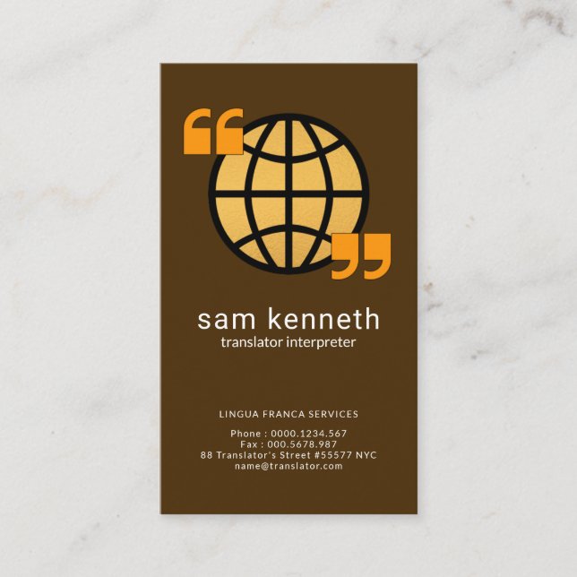 Carte De Visite Traducteur créatif de guillemets de globe d'or (Devant)