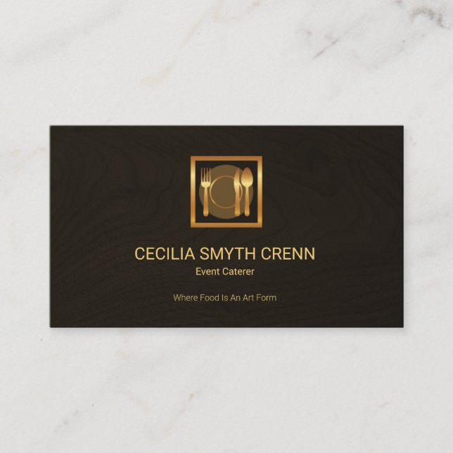 Carte De Visite Traiteur en bois élégant de logo de couverts d'or (Devant)